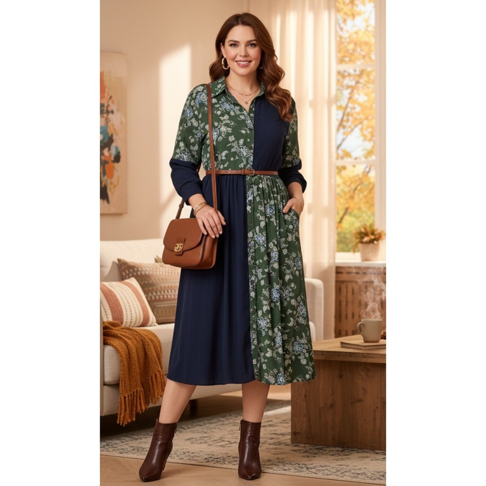 Pamela‎ Love Navy Olive Green Floral Colorblock Shirt Dress Long Sleeve Large
